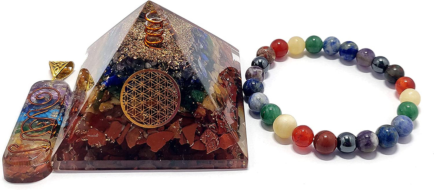 7 Chakra Orgone Pyramid with Flower of Life Symbol Stone Bracelet & Orgone Pendant Necklace Combo for Reiki Spiritual Healing Energy Generator Yoga Meditation