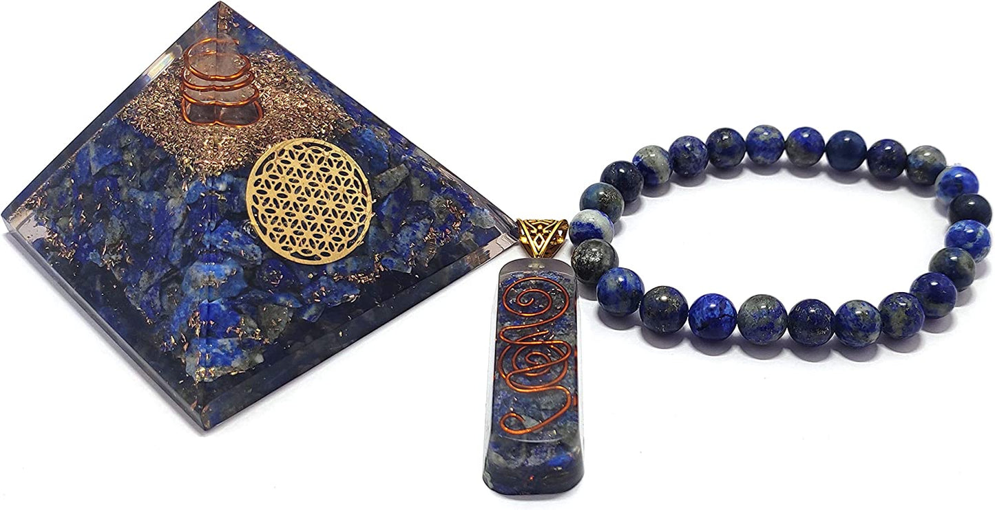 Orgone Crystal Pyramid with Flower of Life Symbol, Stone Bracelet & Orgone Pendant Necklace Combo for Prosperity, Reiki Spiritual Healing, Energy Generator, Yoga Meditation