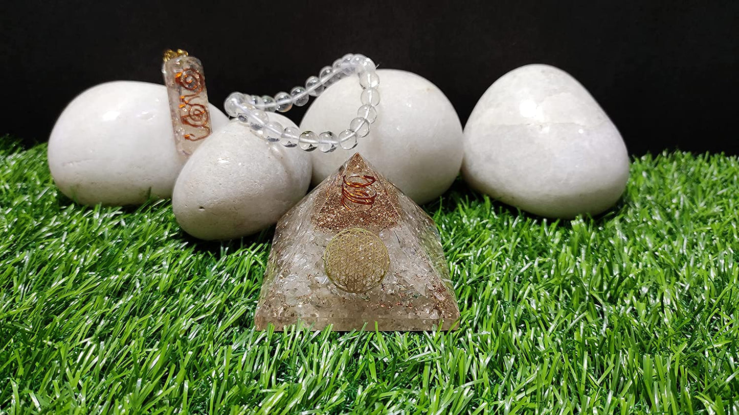 Quartz Crystal Orgone Pyramid Flower of Life Symbol Natural Stone Bracelet & Pendant Necklace Combo Kit for E Protection Reiki Spiritual Healing Positive Energy Generator Yoga Meditation