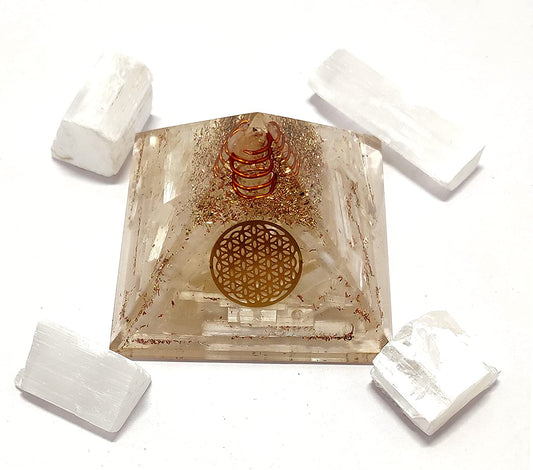 Selenite Orgone Crystal Pyramid with Flower of Life Symbol & 4 Pieces of Natural Raw Rough Stone