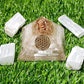Selenite Orgone Crystal Pyramid with Flower of Life Symbol & 4 Pieces of Natural Raw Rough Stone