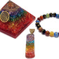 7 Chakra Onyx Orgone Crystal Pyramid with Flower of Life Symbol Stone Bracelet & Orgone Pendant Necklace Combo for Reiki Spiritual Healing Energy Generator Yoga Meditation