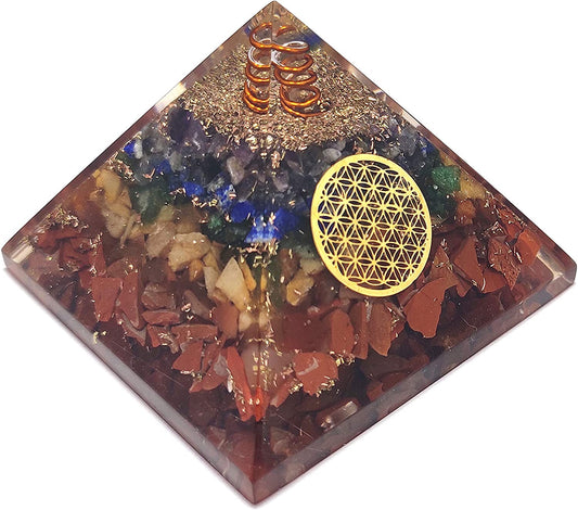 7 Chakra Orgone Pyramid with Flower of Life Symbol Stone Bracelet & Orgone Pendant Necklace Combo for Reiki Spiritual Healing Energy Generator Yoga Meditation