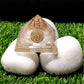 Selenite Orgone Crystal Pyramid with Flower of Life Symbol & 4 Pieces of Natural Raw Rough Stone